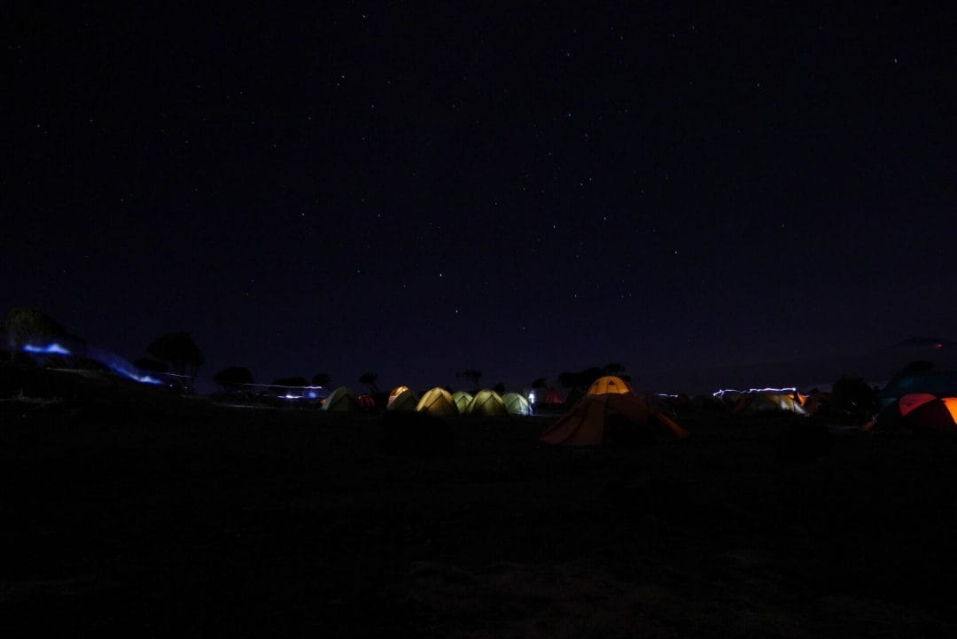 tents lit up Kilimanjaro, Shira 2 camp Kilimanjaro night